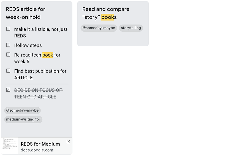 Example of gray notes in Google Keep