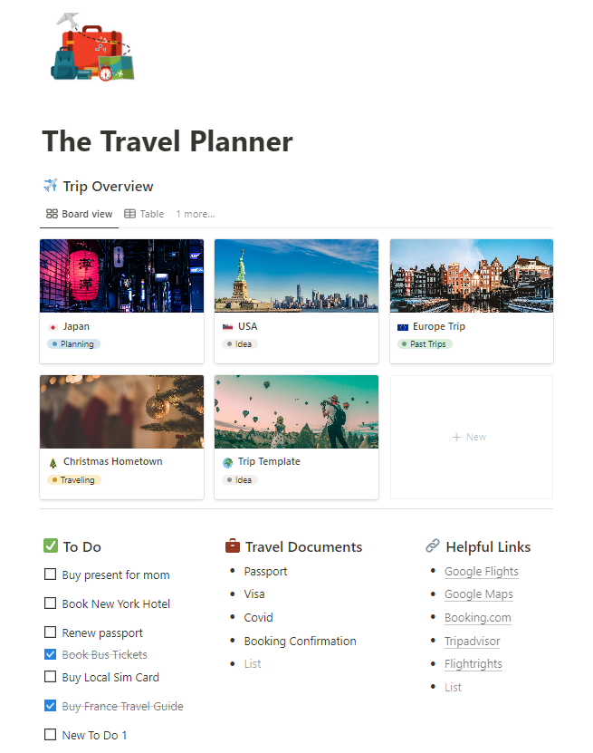 Travel Planner template created with Notion