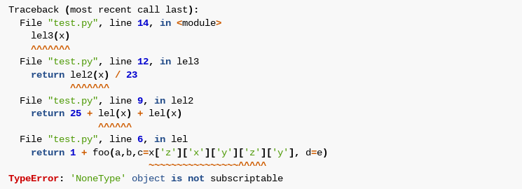 Example of enhanced error tracebacks in Python