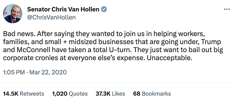 Tweet by Chris Van Hollen about greed