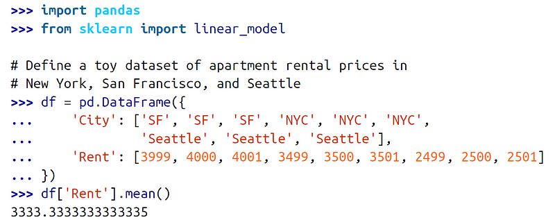 Example of linear regression output table