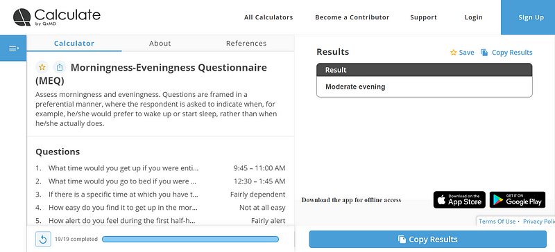 Results from my morningness-eveningness questionnaire