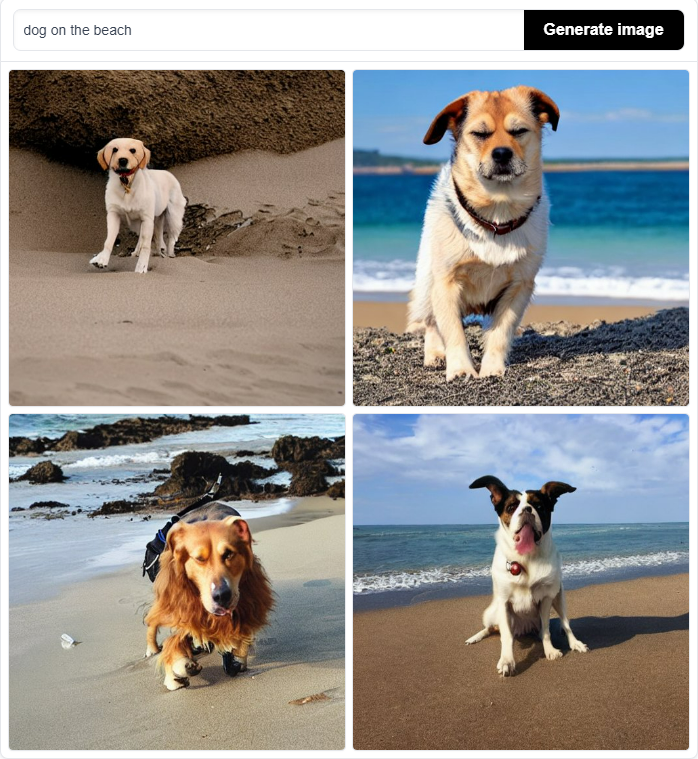 Example of AI-generated images depicting a dog on the beach