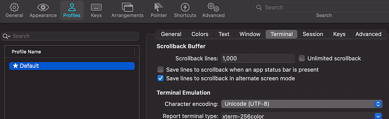 Terminal settings for scrollback adjustment