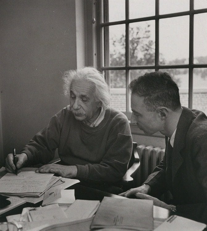 Oppenheimer and Einstein at Princeton, 1947