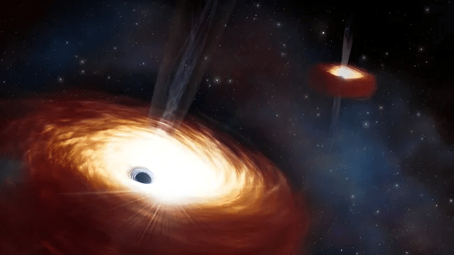 Black hole pair in a cosmic dance, showcasing their gravitational influence.