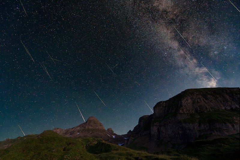 Stunning meteor shower display in the night sky.