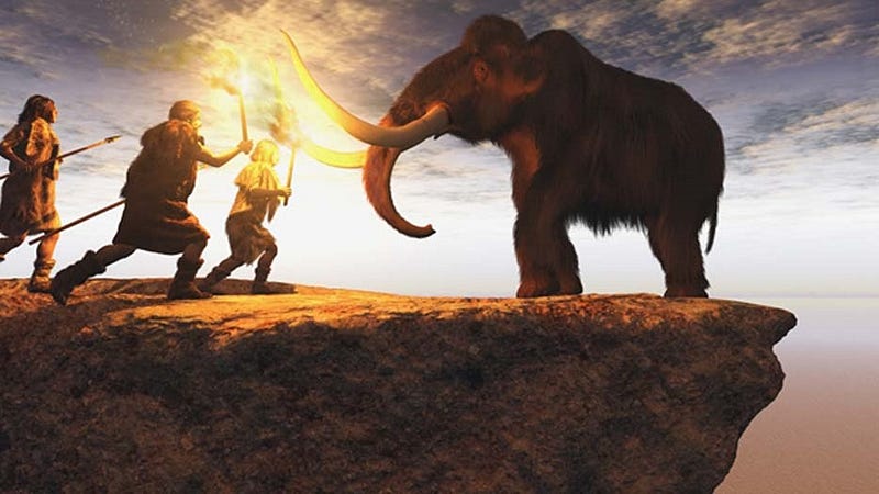 Cavemen hunting a woolly mammoth