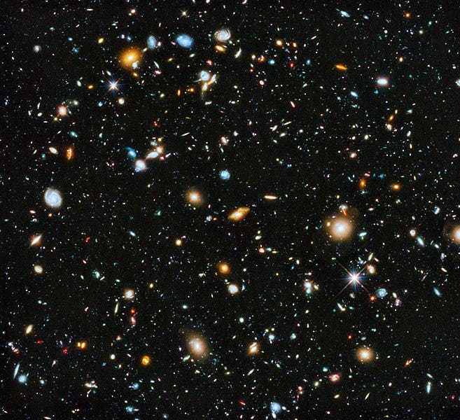 Hubble Deep Field image illustrating cosmic phenomena.